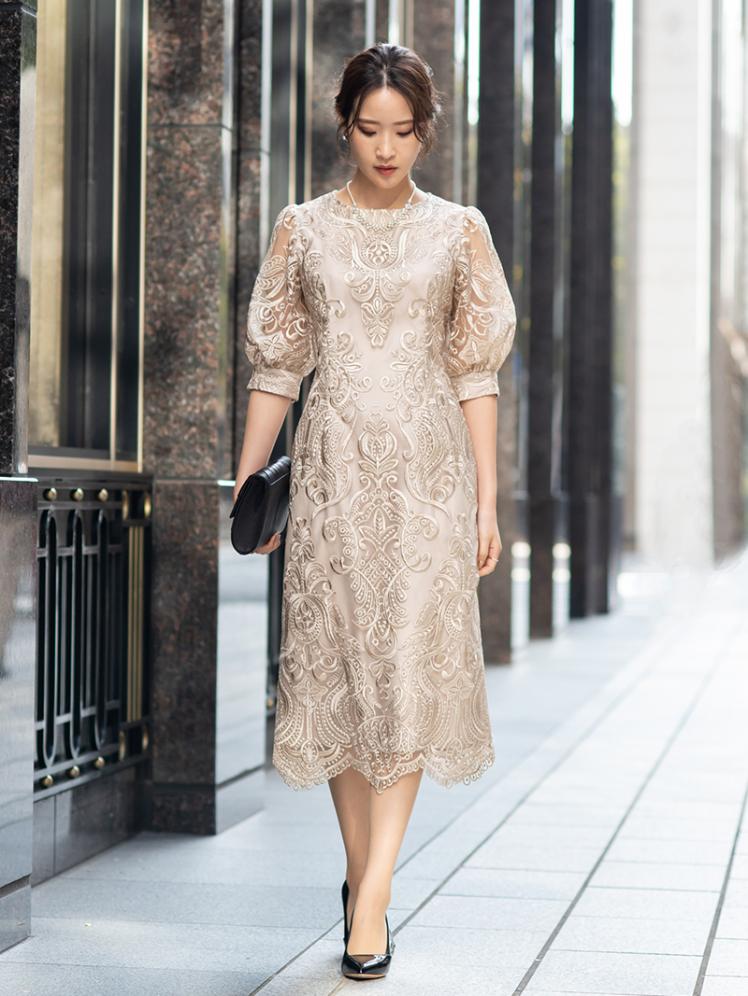 バルーンスリーブ刺繍ドレス(ベージュ)H1-392BE-S | OTONA DRESS