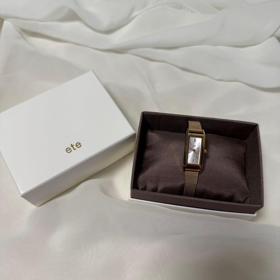 【ete】【美品】レクタングルフェイス メッシュベルト ウォッチ ピンクゴールド ete（エテ） 腕時計 レクタングルフェイス メッシュベルト ウォッチ
