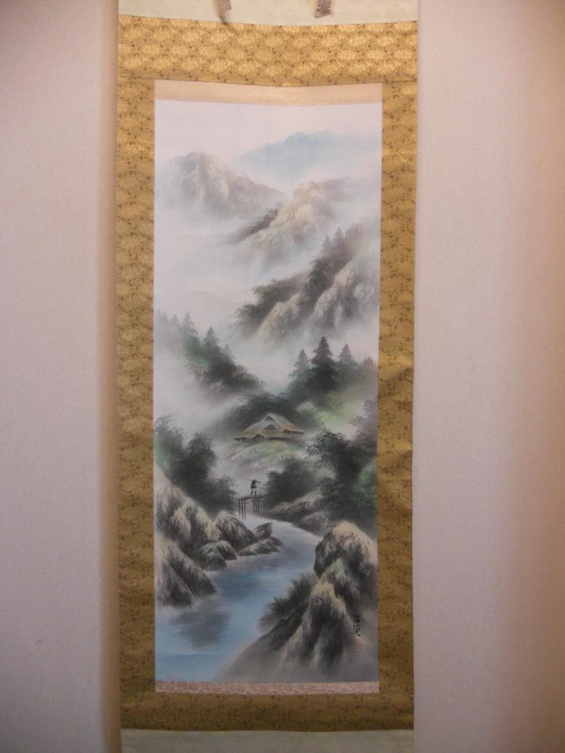 掛け軸 藤野古渓 彩色山水 中島清堂 識箱 絹本 希少 軸装 茶道具 掛軸 美品