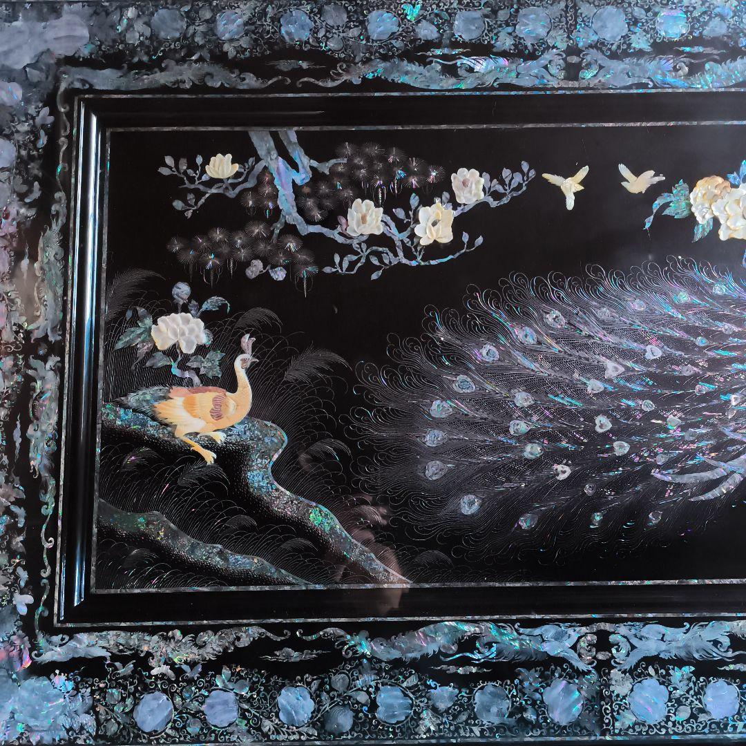 鄭鐘基作 最高級螺鈿座敷机 孔雀（くじゃく）紋 座卓（引取り限定